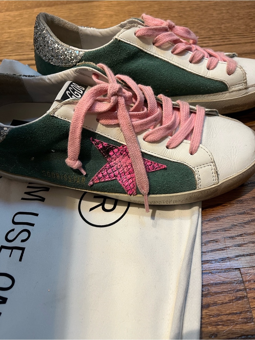 Golden Goose-Inspired Green & Pink Star Low-Top Sneakers sparkles size 37